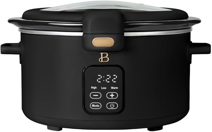 Beautiful by Drew 4.0-Quart Programmable Slow Cooker with Hinged Lid, Digital Timer, Keep Warm Function, Removable Stoneware Pot, Stainless-Steel Accents (Black)