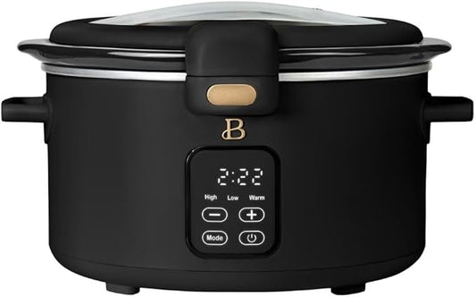 Beautiful by Drew 4.0-Quart Programmable Slow Cooker with Hinged Lid, Digital Timer, Keep Warm Function, Removable Stoneware Pot, Stainless-Steel Accents (Black)