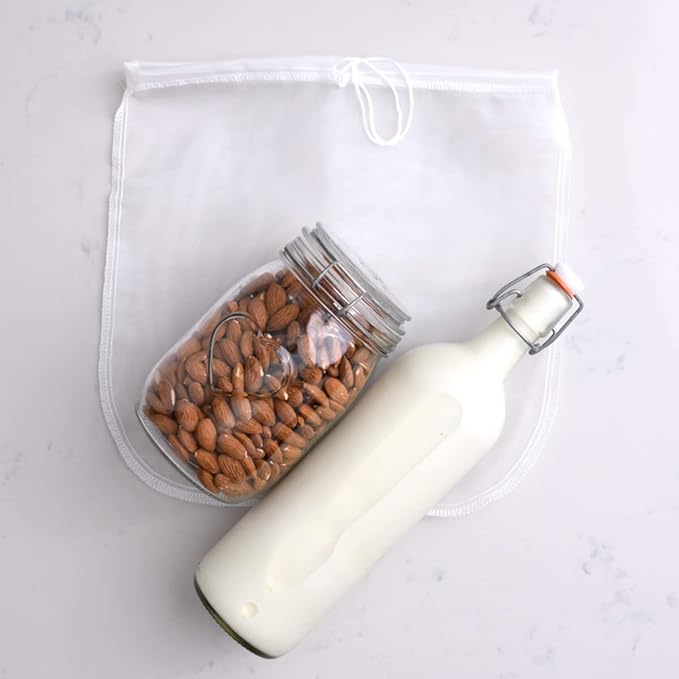 Reusable Nut Milk Bag & All Purpose Food Strainer, Filter, Fine Mesh Nylon, Use for Nut Milks, Juices, Yogurt, Cold Brew 12x12"