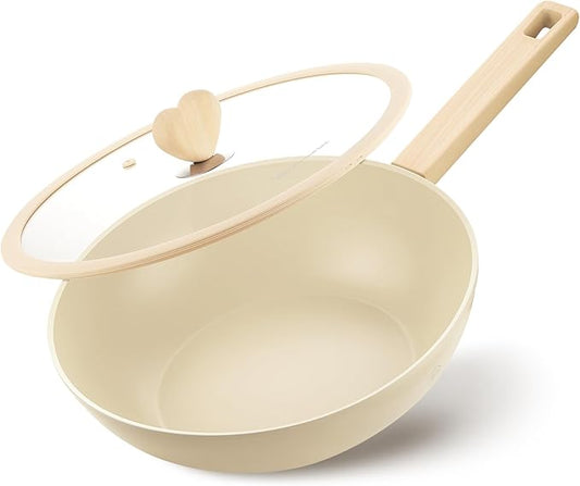 Wok with Lid, 5 Quart Wok Pan with Nonstick Cream Interior, Nonstick Wok with Cool-touch Heart-shaped Handles, Flat Bottom Woks with Lid, Deep Pan Induction Compatible, Cream Woks - 11 Inch