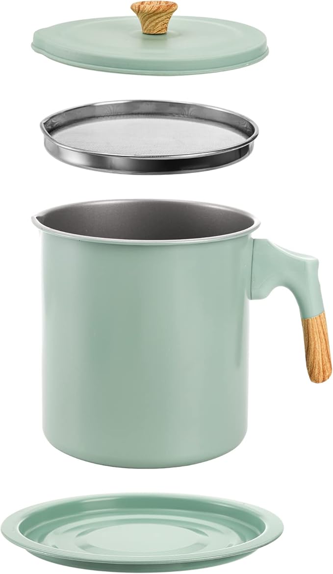 Lyellfe Bacon Grease Container with Strainer, 1.4L/48 Oz Stainless Steel Oils Filter Pot for Kitchen, Green Cooking Oil Storage Holder for Used Cooking Oils, Fat and Frying Oil