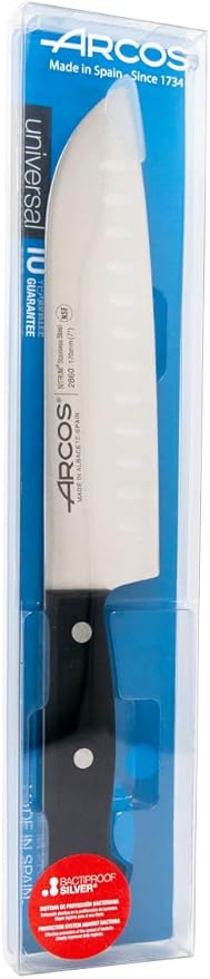 Arcos Santoku Knife 7 Inch Stainless Steel. Japanese Sharp Knife for Fish, Meat and Vegetables. Ergonomic Polyoxymethylene Handle and 170mm Blade. Series Universal. Color Black