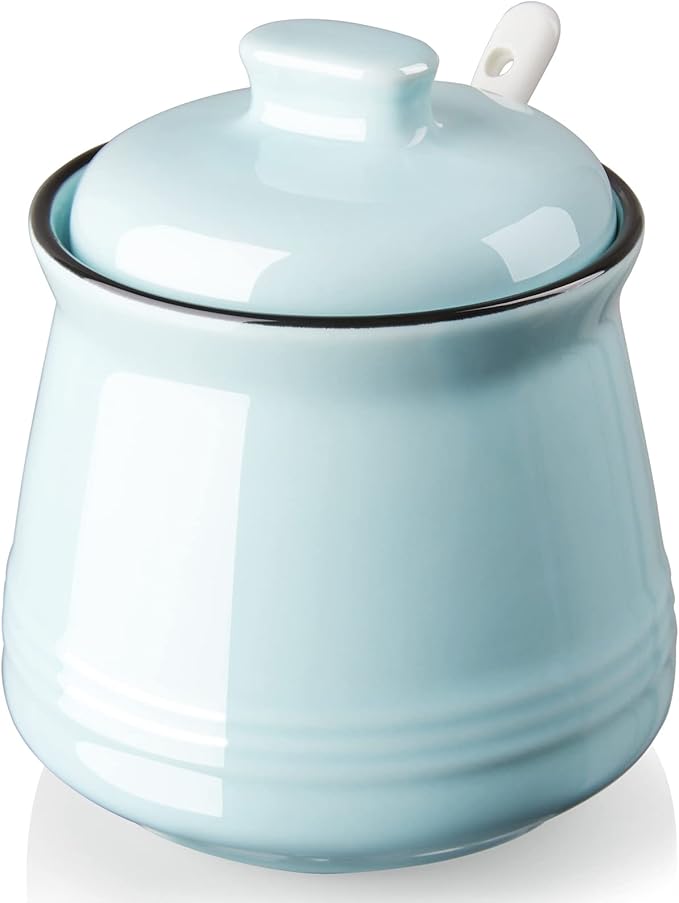 Sugar Bowl with Lid and Spoon, 12 oz Ceramic Sugar Bowl with Spoon, Sugar Container for Coffee Bar, Sugar Jar Sugar Dispenser Bowl, Turquoise Kitchen Decor and Accessories