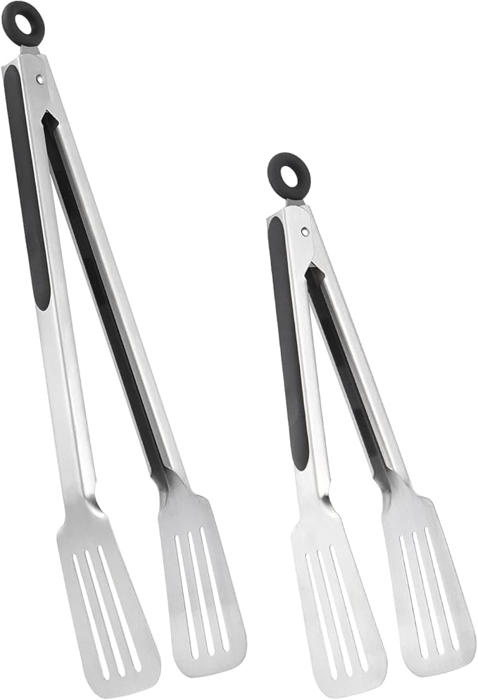 Lebabo Metal Tongs for Cooking, Set of 2 Stainless Steel Spatula Tongs for Grilling, Cooking and Flipping, Strong Grip for Ribs, Steak and Fish, Comfortable Grip, Easy Pull Lock, 9 inch & 12 inch