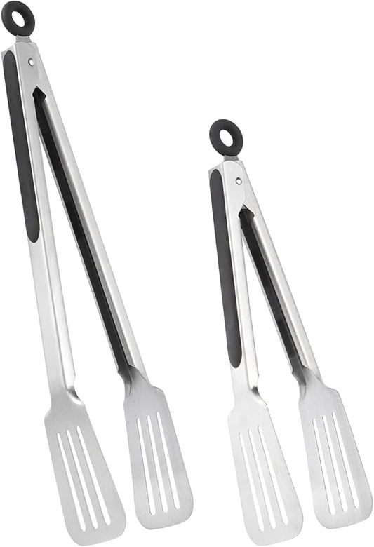 Lebabo Metal Tongs for Cooking, Set of 2 Stainless Steel Spatula Tongs for Grilling, Cooking and Flipping, Strong Grip for Ribs, Steak and Fish, Comfortable Grip, Easy Pull Lock, 9 inch & 12 inch