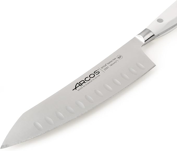 ARCOS Rocking Santoku Knife 7 Inch Stainless Steel. Japanese Professional Kitchen Knife for Cutting Fruits and Vegetables. Ergonomic White Handle. Series Riviera Blanc