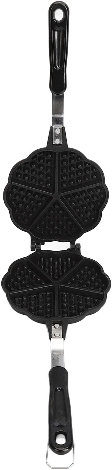 Sweetheart Waffle Maker Pan, Without Stick Cast Aluminum Stovetop Waffle Iron with Five 3.5in Cavities, Portable Heart Shaped Mini Waffle Maker, Black, 5.9In