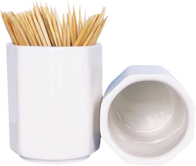 Sizikato 2pcs Simple Pure White Octagon Ceramic Toothpick Holder.