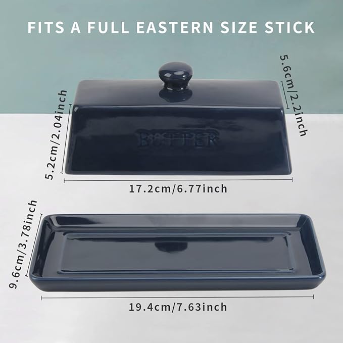 Butter Dish With Lid, WERTIOO Porcelain Butter Keeper With Handle Cover French Butter Dish with Stainless Steel 3 in 1 Butter Spreader Container for Countertop, Dark Blue