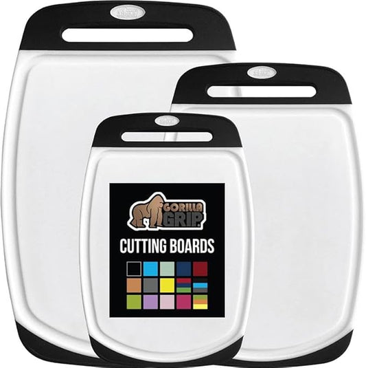 GORILLA GRIP BPA-Free Reversible Kitchen Cutting Board Set of 3, US Designed, Nonporous, Juice Grooves Catch Liquid, Slip Resistant Border, Dishwasher Safe, Durable Large Food Chopping Boards, Black