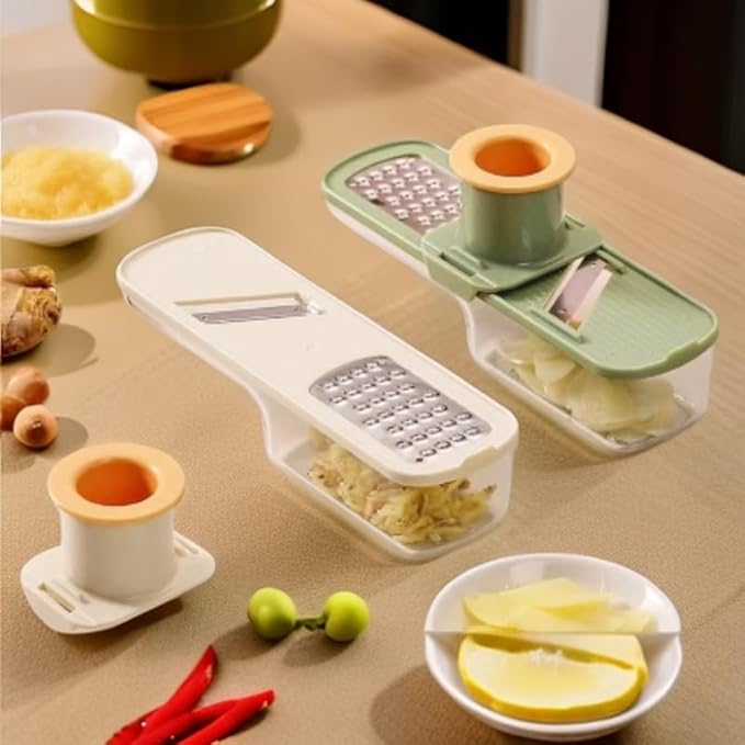 3-in-1 Mini Garlic Slicer & Multi-Functional Mandoline Slicer, Garlic Ginger Grinder, Veggie Shredder Vegetable Cutter with Container and Hand Guard