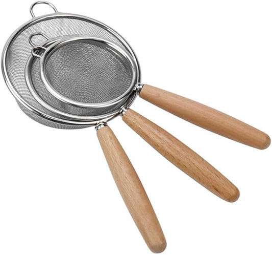 3Pcs Stainless Steel Fine Mesh Strainer Set Versatile Long-Handle Sieves for Flour Tea Coffee Oil Filtering(2.76 Inch,3.15Inch,3.94Inch)