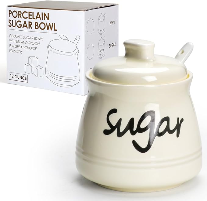 Porcelain Sugar Bowl with Lid and Spoon,12 Ounces Ceramic Sugar Jar Sugar Dispenser,Sugar Container for Home and Kitchen Decor (Cream)