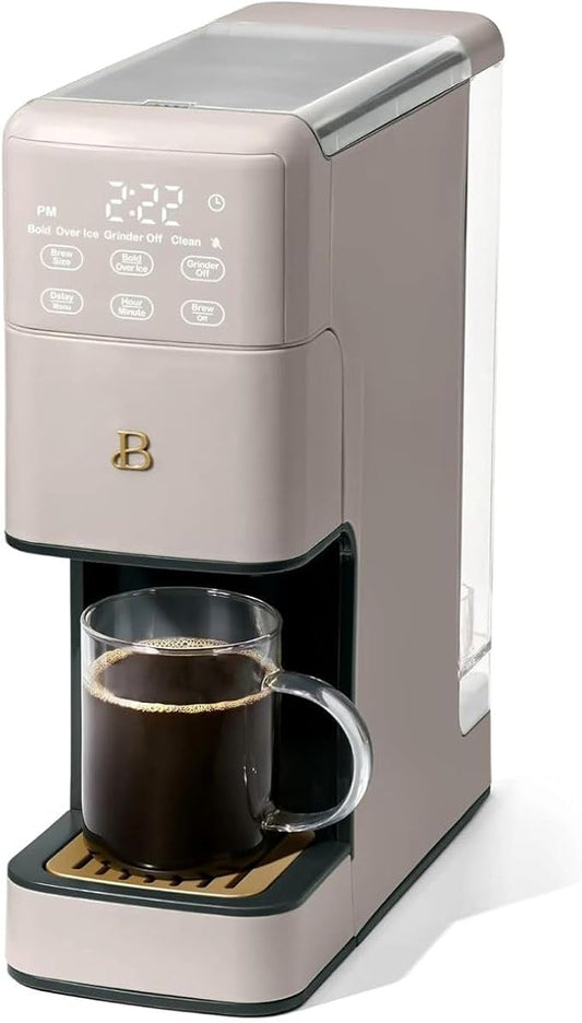 Beautiful Perfect Grind Programmable Single Serve Coffee Maker, Burr Grinder, 64 oz Reservoir, 6 Brew Sizes by Drew Barrymore (Porcini Taupe)