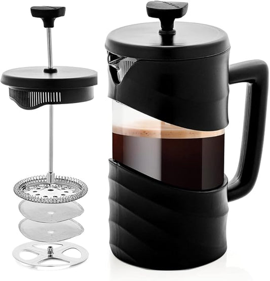 OVENTE French Press Coffee Maker 20 Ounce with Heat Resistant Borosilicate Glass & Stainless Steel 4-Level Filtration System, Portable Cold Brew Coffee Maker for Travel, Camping or Gift, Black FPW20B