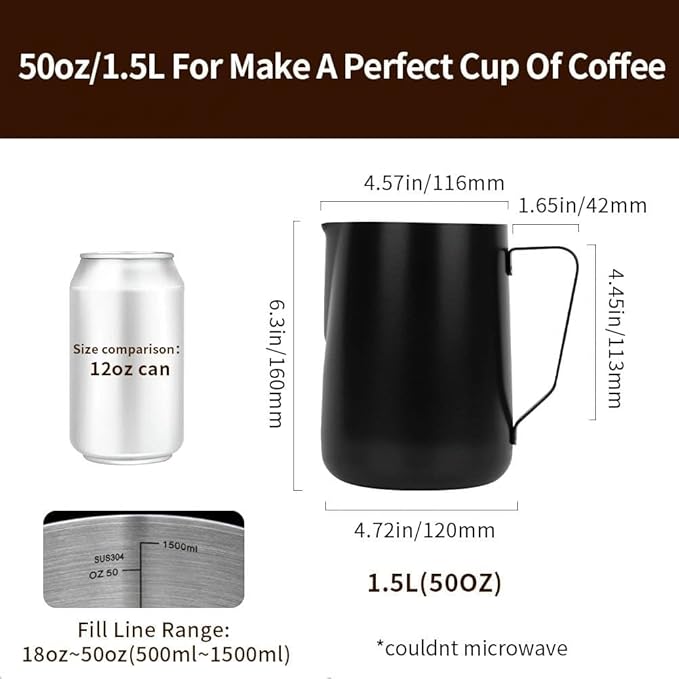 watchget Milk Frothing Pitcher 50oz/1500ml - Stainless Steel Espresso Steaming Pitcher for Cappuccino, Latte Art, Coffee Machine Accessories Milk Jug Frother Cup, Black