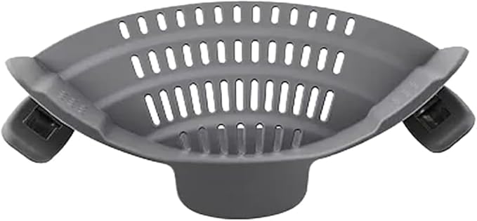 Clip‑On Pot Strainer Silicone Gray Dishwasher‑Safe Side‑Mount Design 9.4×4.6×2.5 Inches | Snap Drain Colander for Pans Bowls Skillets | Heat‑Resistant Kitchen Gadget Splash‑Guard