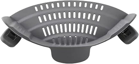 Clip‑On Pot Strainer Silicone Gray Dishwasher‑Safe Side‑Mount Design 9.4×4.6×2.5 Inches | Snap Drain Colander for Pans Bowls Skillets | Heat‑Resistant Kitchen Gadget Splash‑Guard