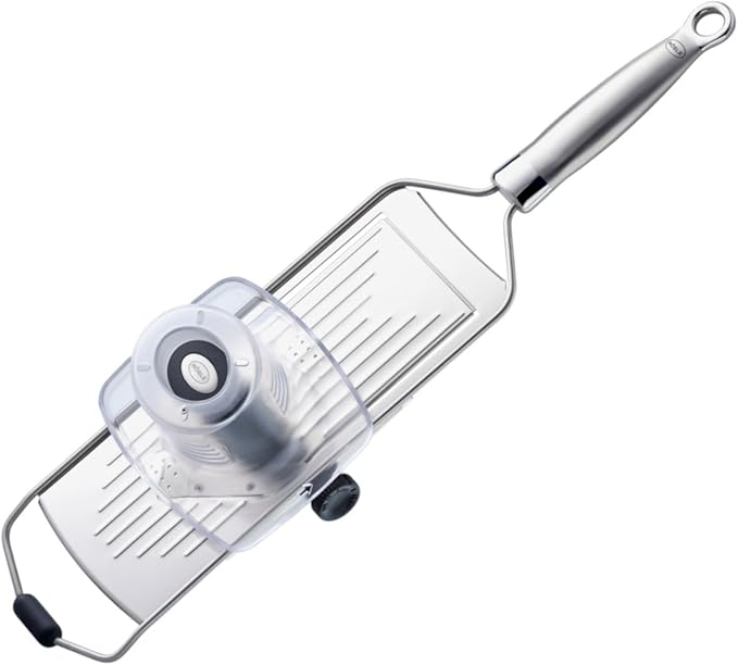 RÖSLE Supercut Slicer, V-Shaped Mandolin Slicer, 18/10 Stainless Steel Kitchen Utensil with 5 Cutting Thicknesses, Silicone Foot and Protective Cover for Vegetables or Fruits - 46cm