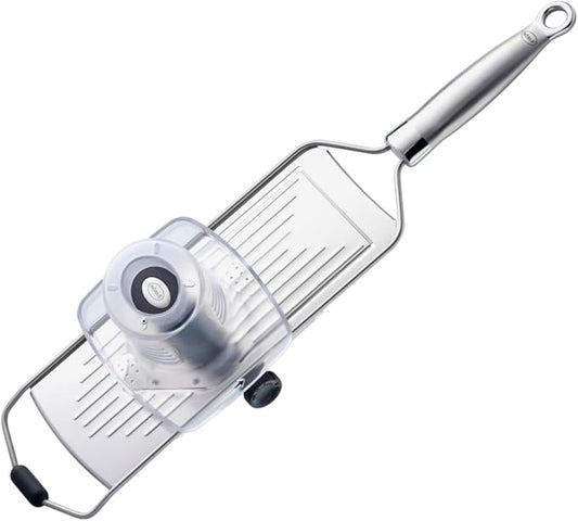 RÖSLE Supercut Slicer, V-Shaped Mandolin Slicer, 18/10 Stainless Steel Kitchen Utensil with 5 Cutting Thicknesses, Silicone Foot and Protective Cover for Vegetables or Fruits - 46cm