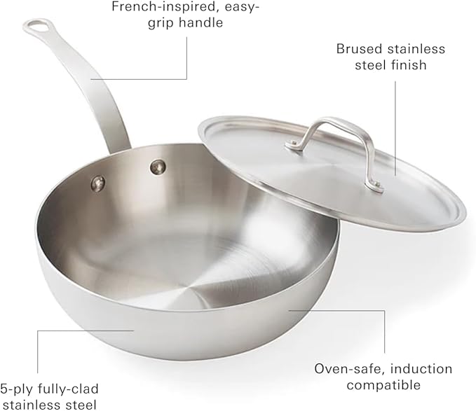 Daniel Boulud Kitchen 3QT Essential Pan – French Inspired Stainless Steel Sautee & Sauce Pan with Heat Resistant Handle, 5-Ply Clad, Induction & Oven Safe, Professional Cookware