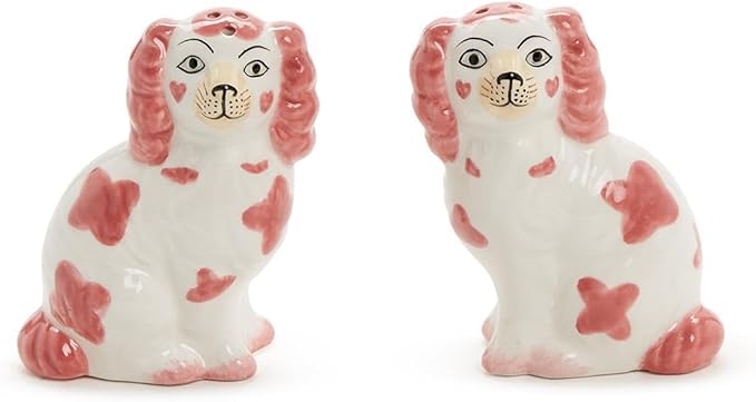 Two's Company Staffordshire Dog Salt and Pepper Shaker Set - Hand-Painted Ceramic, 3.5-Inches Height (Pink and White)