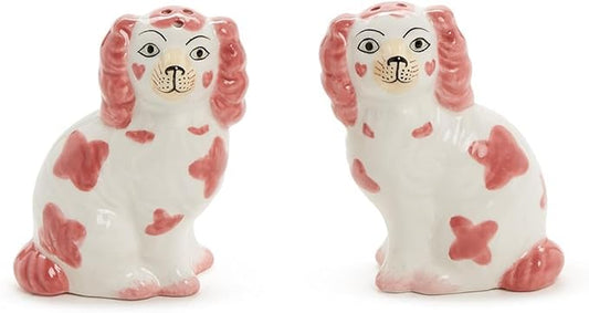Two's Company Staffordshire Dog Salt and Pepper Shaker Set - Hand-Painted Ceramic, 3.5-Inches Height (Pink and White)