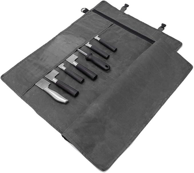Chef’s Knife Roll Bag,Waxed Canvas Knife Cultery Carrier, Portable Chef Knife Cases,Knife Pouch Holders With 10 Slots Plus 1 Zipper Pockets Can Hold Home Kitchen Knife Tools Up To 18.8”