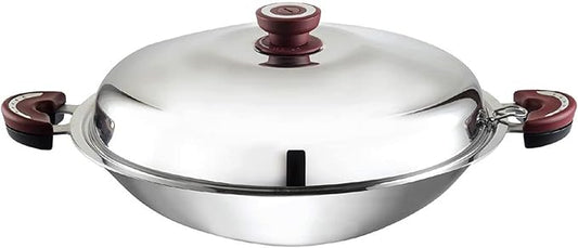 BUFFALO Stainless Steel Wok Pan with Lid Round Bottom 14 inch (35cm) Stir Frying Pan Tri-Ply Nonstick Cookware - Double Handle Cooking Pot for Induction/Electric/Gas Stoves