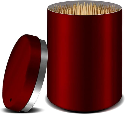 Toothpick Holder, Stainless Steel Metal Wine Red Toothpicks Dispenser, Tooth Picks Lot Container Storage Novelty Box with 500 Pieces Round Bamboo Toothpicks for Teeth and Home Kitchen