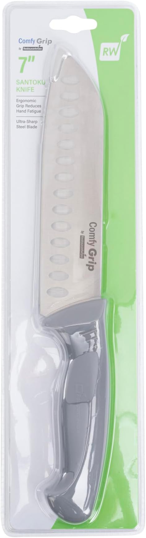Restaurantware Comfy Grip 7 Inch Santoku Knife 1 Sharp Kitchen Knife - Ergonomic Handle Non-Slip Grip Gray Stainless Steel Japanese Chef Knife Dishwashable Granton Edge