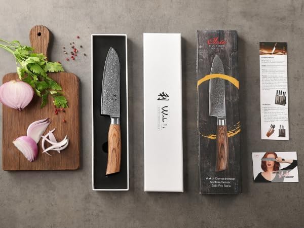 Wakoli EDIB Pro Damascus Santoku Knife – Japanese Style Kitchen Knife | 6.3-Inch Genuine Damascus Steel Blade with VG10 Core | Ergonomic Pakkawood Handle | High Cutting Performance