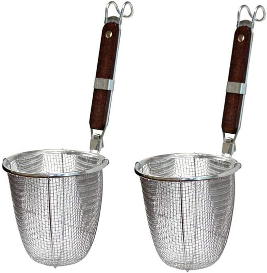 2-Pack Stainless Steel Noodle Strainer Basket with Wood Handle - G+ Life Kitchen Spider for Pasta, Ramen, Dumplings, and Deep-Fried Foods - 5.5 Inch Diameter