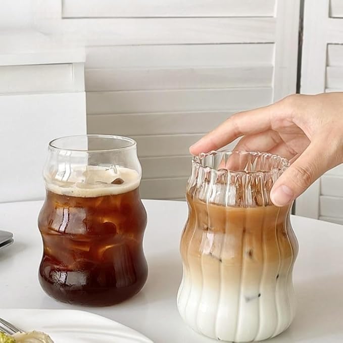 2 PCS Ribbed Glass Cups, 18 Oz Vintage Drinking Glasses, Wavy Design Cute Glass Cups for Iced Coffee, Beverage, Juice, Milk, Bubble Tea, Cocktails