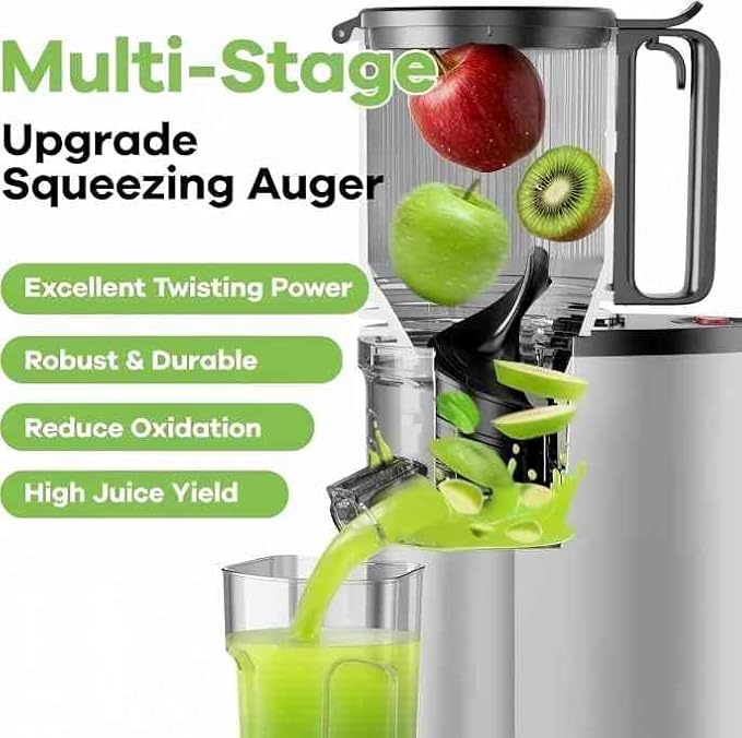 EanOruus Cold Press Juicer, 5.8" Wide Feed Chute Juice Extractor Machine with 400W, High Juice Yield, Slow Masticating Juicer for Whole Vegetables & Fruits, Metallic Silver
