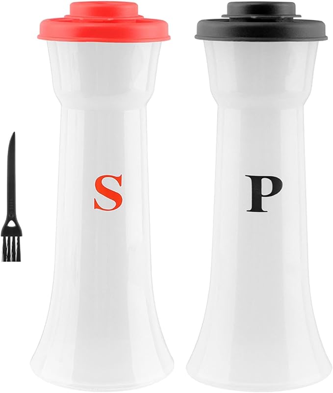 Salt and Pepper Shaker Set, Plastic Salt and Pepper Shaker Set with Lids,Airtight Spice Jar Dispenser for Restaurant Cleaning Brush Camping Home Kitchen Picnic (COLOR:Black+Red)