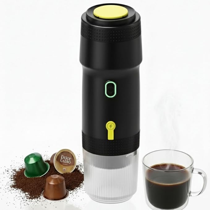 Chefnificent Portable Espresso Maker – 20 Bar Pressure Mini Coffee Machine, Battery Operated, Compatible with Ground Coffee and Select Pods, Includes Car Charger, for Hot & Iced Coffee (Black)