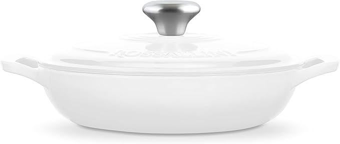 ROSSALLINI Signature Enameled Cast Iron Braiser, Non-Stick Serving Pot with Tight Fitting Lid for Perfect Roasting, Baking, Sauteing, Searing, and Pan Frying | 3.5Q (3.3L) - White