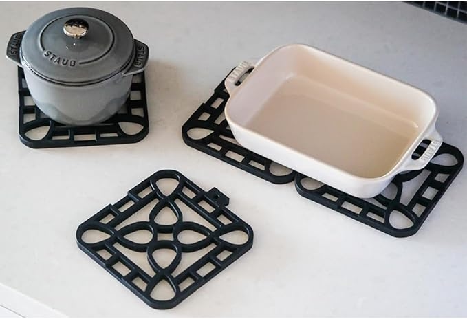 Capabunga 4-Pack Trivets for Hot Dishes - Black Interlocking Hot Pads for Kitchen, Coffee Bar Essentials, Silicone Mats for Kitchen Counter, Heat Resistant Silicone Trivets for Pots and Pans