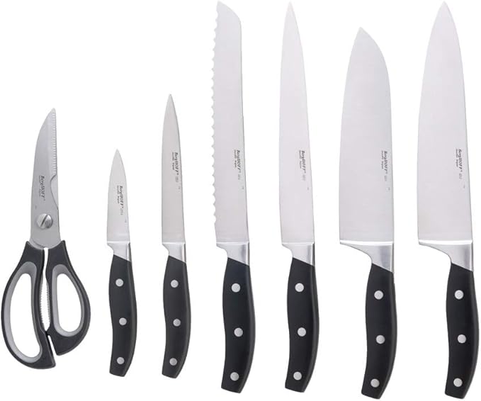 BergHOFF 7Pc Forged Knife Set With Wood Block Corrosion Resistant Ergonomically Designed ABS Handle With Triple Rivet