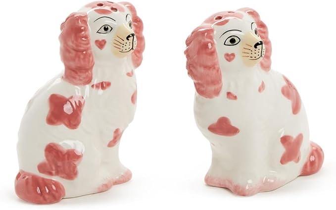 Two's Company Staffordshire Dog Salt and Pepper Shaker Set - Hand-Painted Ceramic, 3.5-Inches Height (Pink and White)