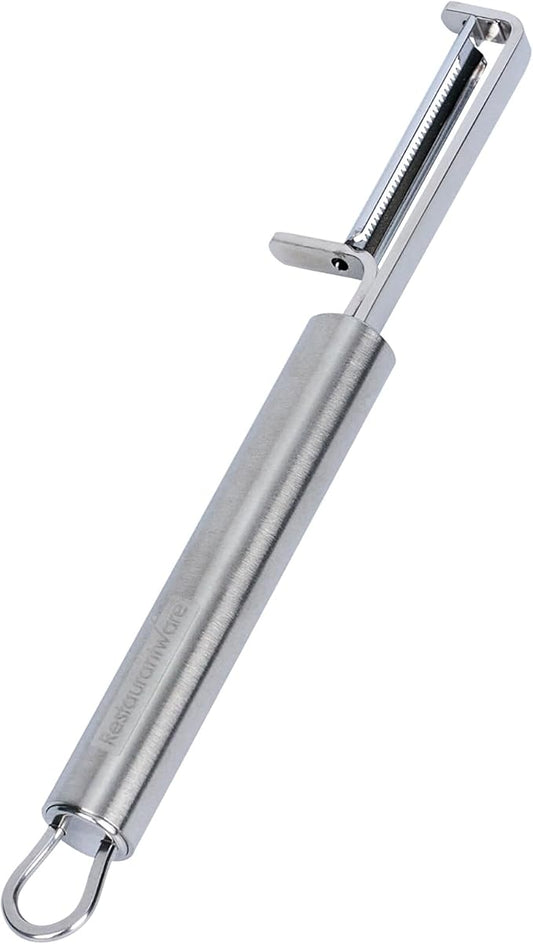 Restaurantware-German Standard 7.4 Inch Vegetable Peeler, 1 Dishwashable Hand Peeler - Serrated Blade, Ergonomic Handle, Stainless Steel, For Zucchini, Carrot, Or, More