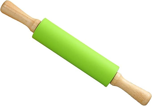 Silicone Rolling Pin, Green 11.4 Inch Pin with Wooden Rotatable Handle for Dough of Baking Bread, Cookie, Pizza (green, 9 inch) (green, 11.4 inch)