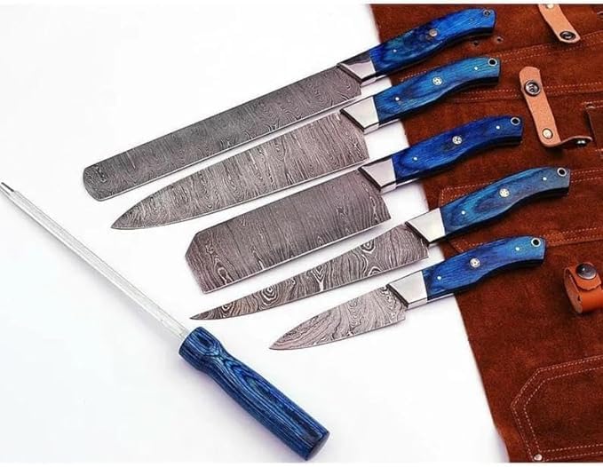 Custom Made Damascus Steel #6 Pcs of Professional Utility Kitchen knives Set Comes with Sweet Leather Roll Kit (3712) (Blue Pakkawood)