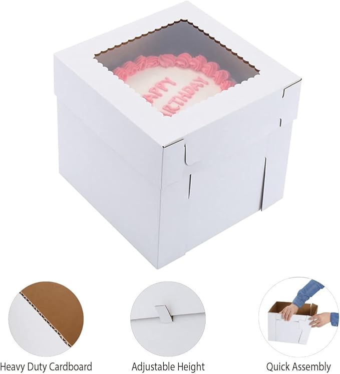 Huoshange Tall Cake Boxes for Tier Cakes,12x12x12 Inch [10 Pack ] Thick Sturdy Bakery Box with Window,White Wedding Cake Boxes,Layer Cake Carrier,Disposable Cake Containers