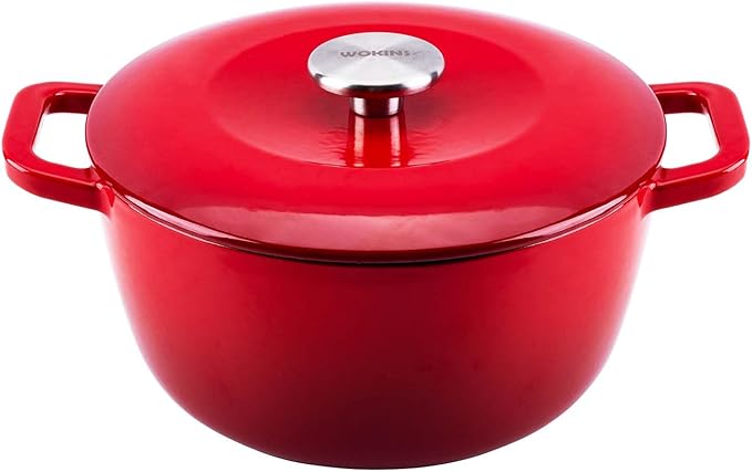 WOKINS Enamel Cast Iron Dutch Oven with Lid,Dual Handles,Heavy-Duty Cookware for Sourdough Bread Baking,Braising,Stews,Roasting,Oven Safe up to 500° F,5.5QT,red