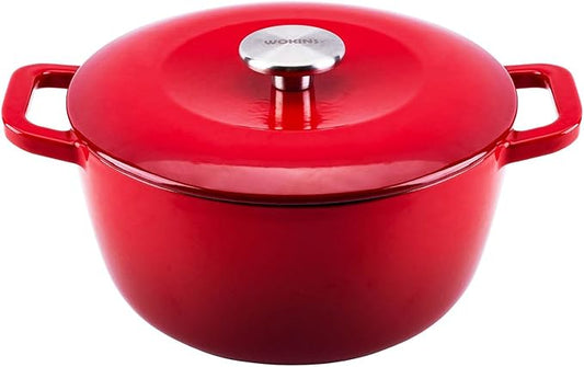 WOKINS Enamel Cast Iron Dutch Oven with Lid,Dual Handles,Heavy-Duty Cookware for Sourdough Bread Baking,Braising,Stews,Roasting,Oven Safe up to 500° F,7QT,red