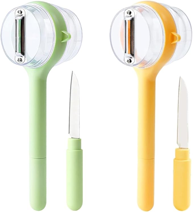 Peeling Knife with Storage Box,2025 New 3 in 1 Vegetable Fruit Peeler Peeling Knife Box, Multifunctional Double Sided Stainless Steel Blade Peeler, Easy to Clean for Home Kitchen (2, Yellow+Green)