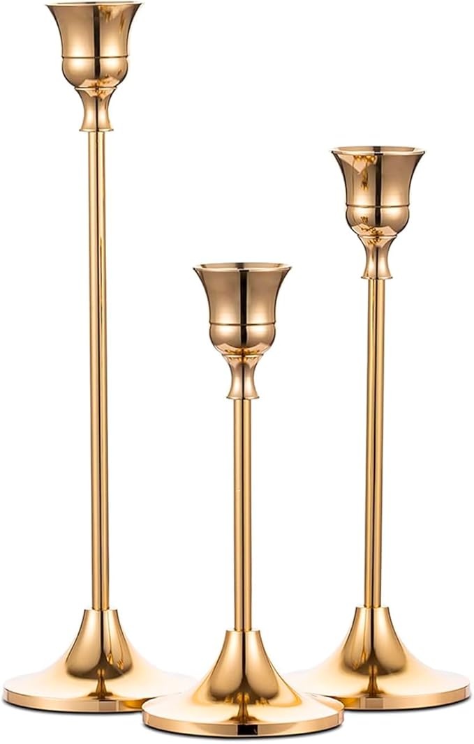 IBSales | Set of 3 Metal Taper Candle Holders – Gold Vintage-Inspired Decorative Centerpiece for Table, Mantel, Wedding, or Housewarming Gift – Elegant Modern Design.