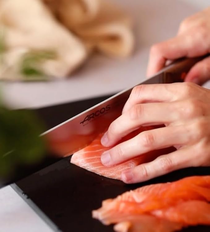 Arcos Yanagiba Knife 9.5 Inch Stainless Steel. Japanese Kitchen Knife for Fish, Meat and Vegetables. Ovengkol Wood Handle 100% natural FSC and 240mm Blade. Series Nordika. Color Brown.
